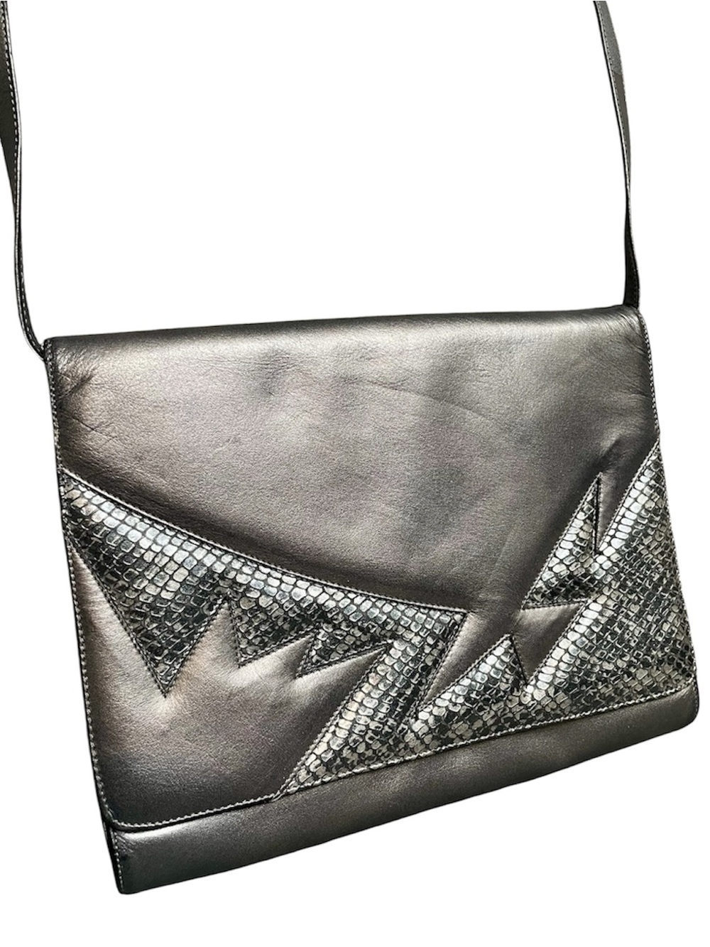 Bally Vintage Metallic Silver Leather & Snakeskin Shoulder Bag Made in Italy - Picture 3 of 8